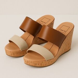 Dolce Vita Cork Wedge Sandals | Brown & Neutral Two Strap Slide Heels | Size 6